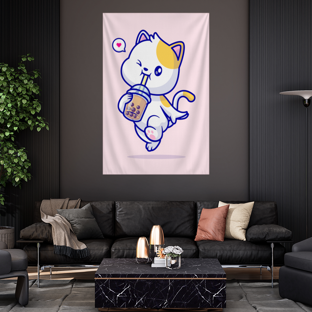 Boba Çayı İçen Kawaii Kedi Duvar Örtüsü