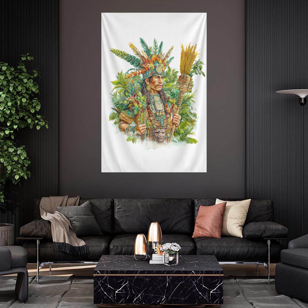 Maya Mısır Rahibi ve Tüylü Başlık Duvar Örtüsü