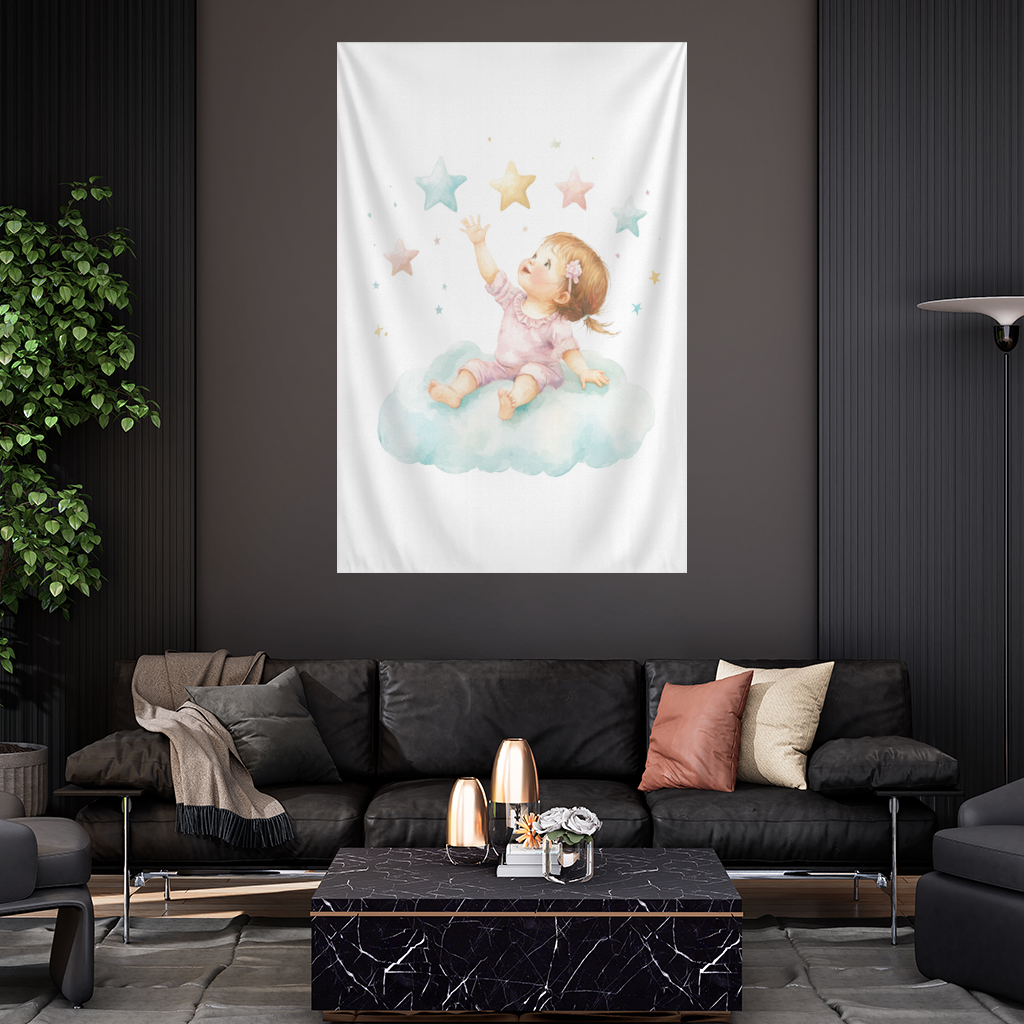 Bulut Üzerinde Yıldızlara Ulaşan Bebek Duvar Örtüsü