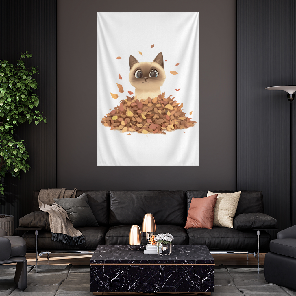 Siamese Cat in Autumn Leaf Pile 
