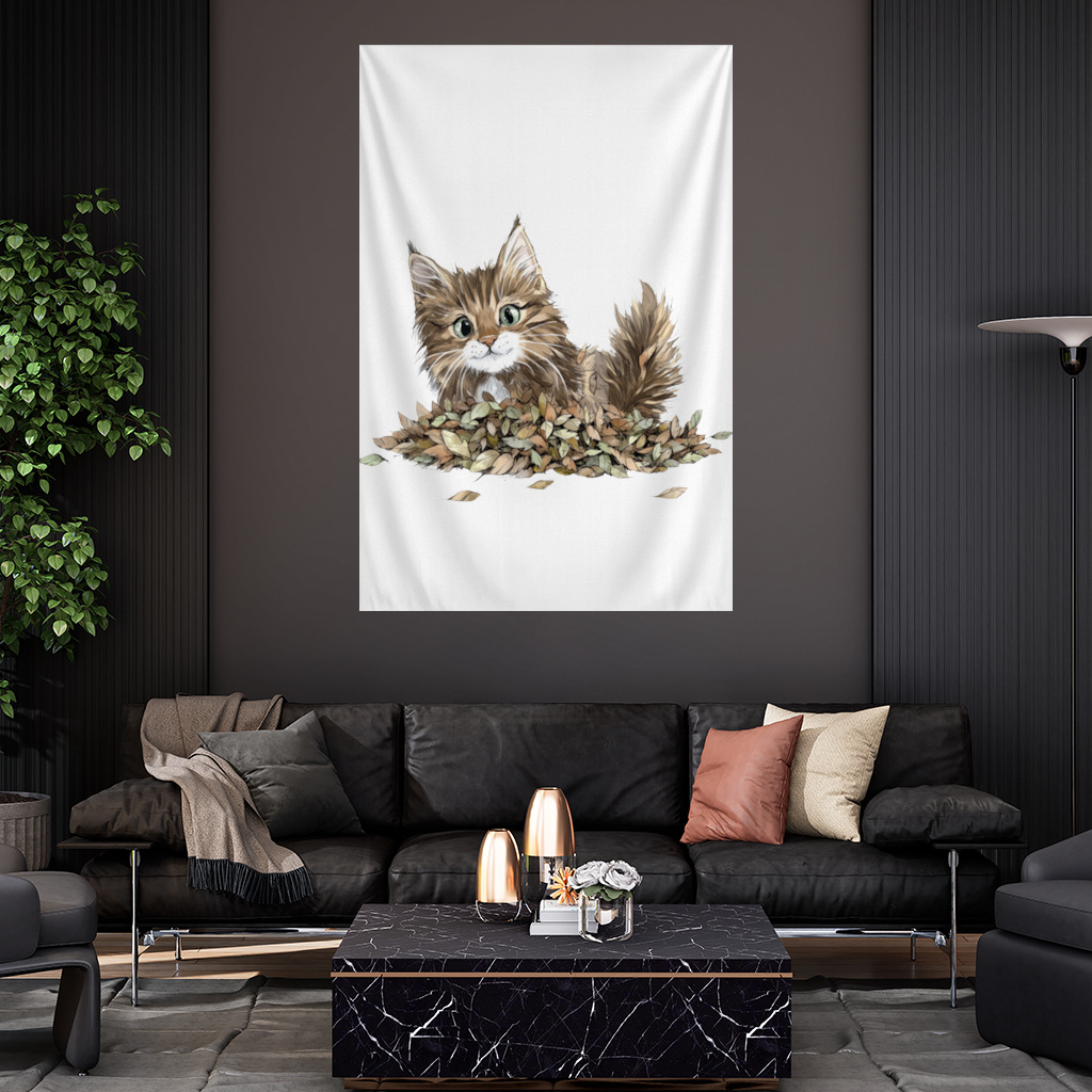 Cute Fluffy Kitten in Autumn Leaves 