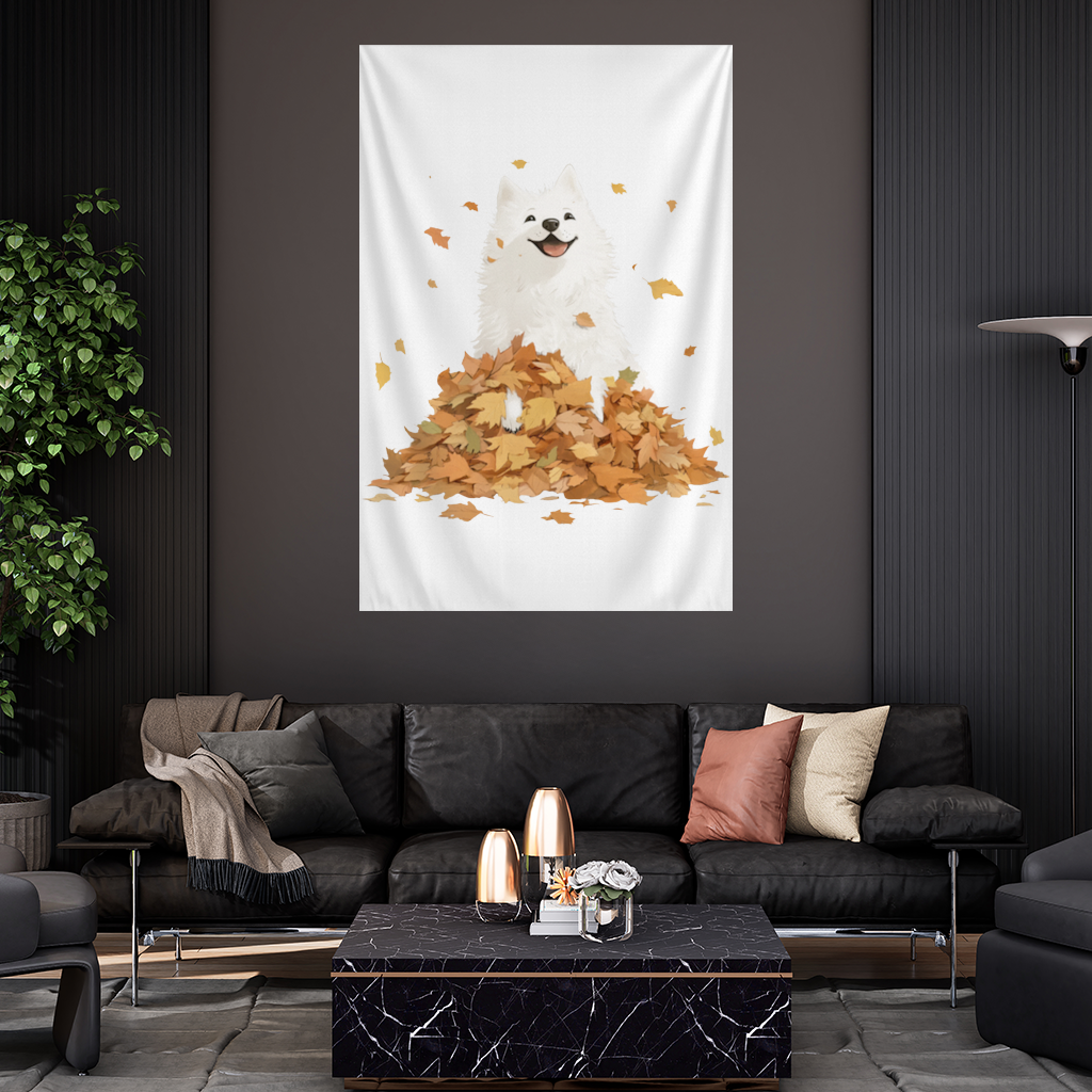 Happy White Dog in Autumn Leaves 