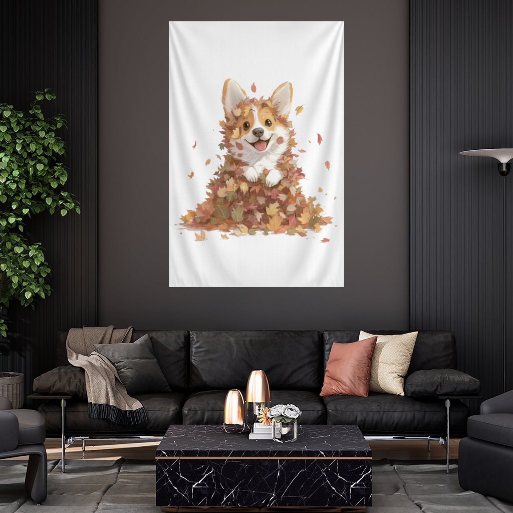 Sonbahar Yaprakları İçinde Mutlu Corgi Duvar Örtüsü