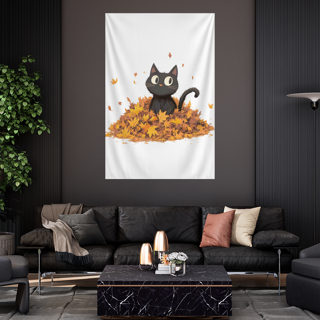 Cute Black Cat in Autumn Leaves 