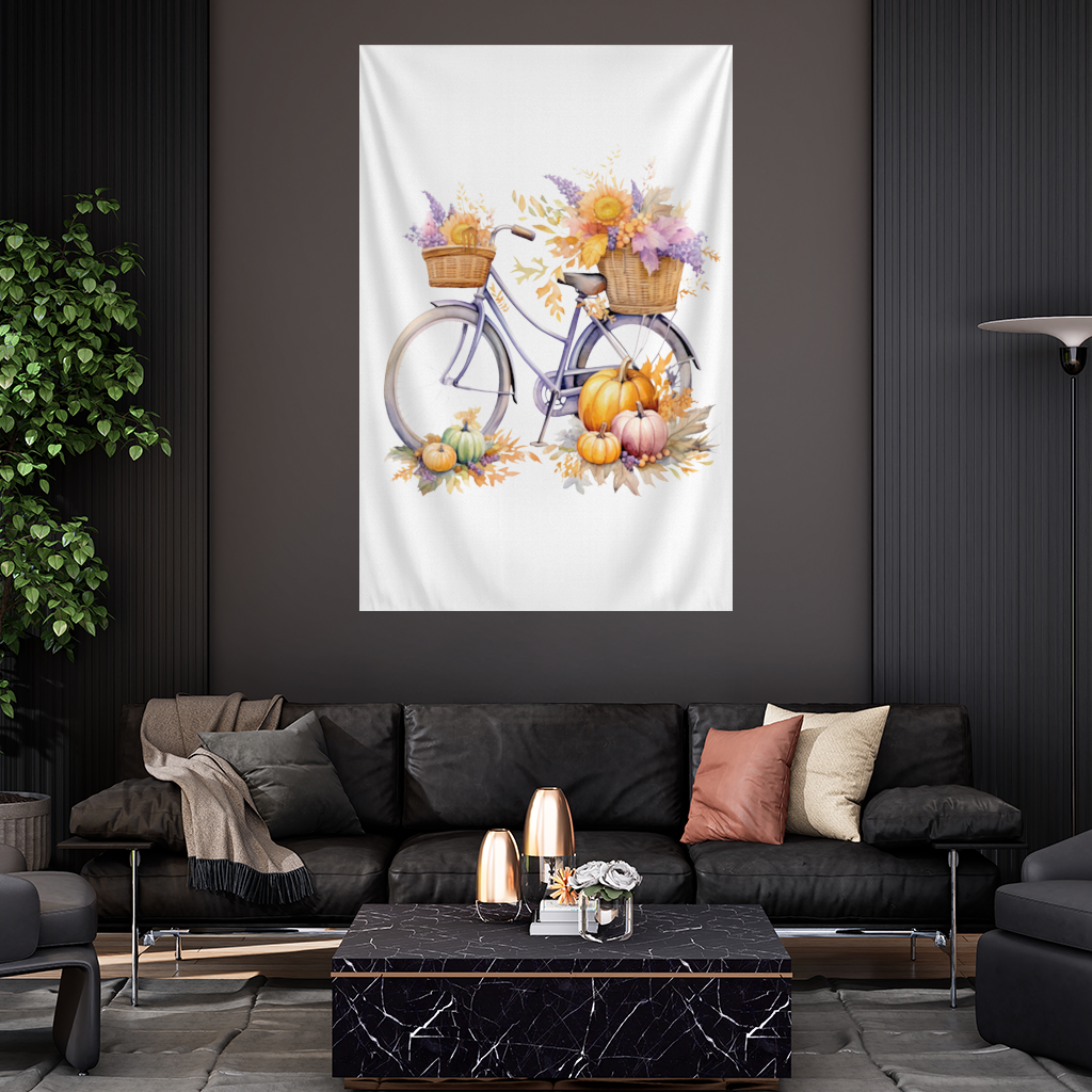 Lavender Autumn Bicycle with Pumpkins Wall Tapestry