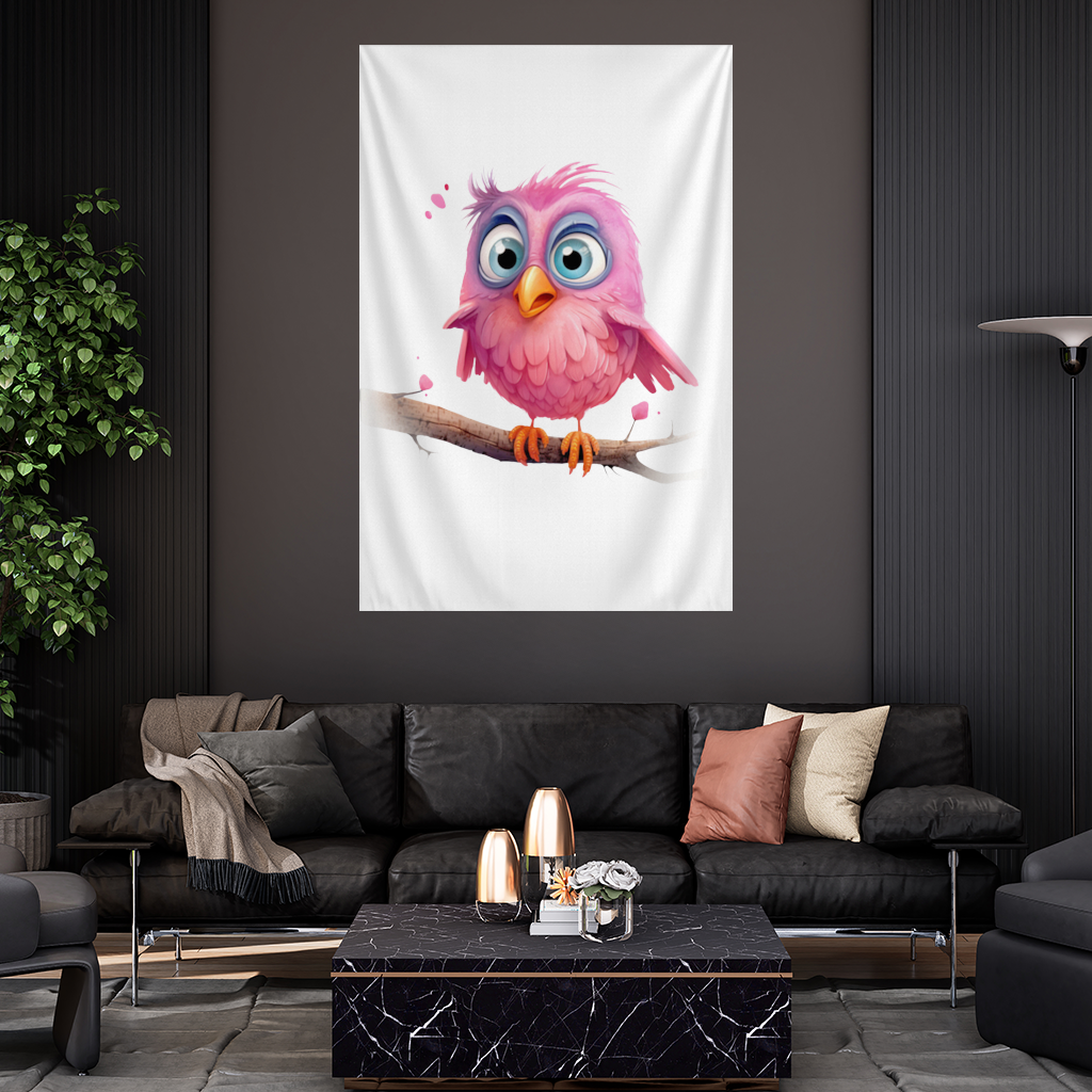 Cute Pink Bird with Large Blue Eyes Wall Tapestry