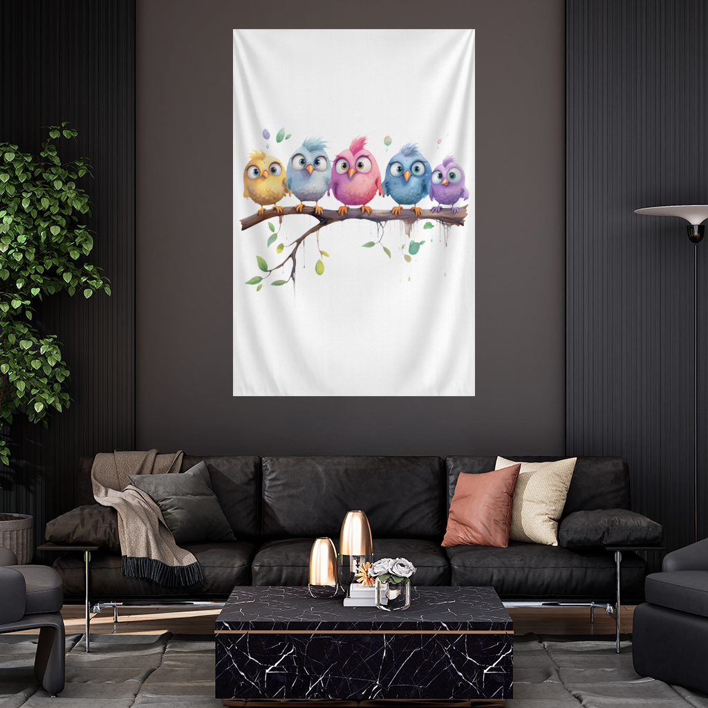Five Colorful Kawaii Birds on Branch Wall Tapestry
