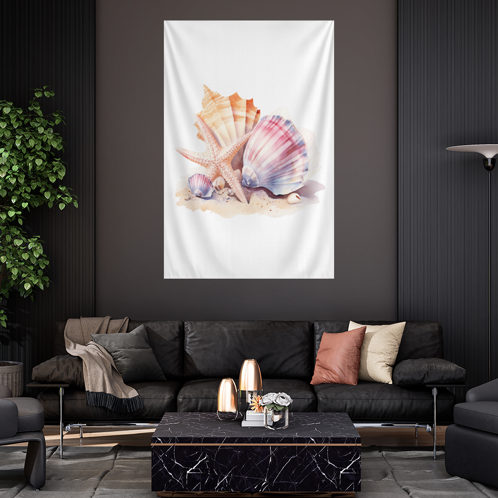 Watercolor Coastal Seashells Wall Tapestry