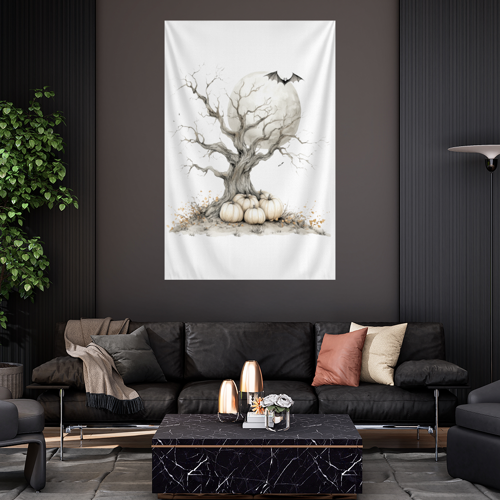 Spooky Tree with White Pumpkins Moon Wall Tapestry