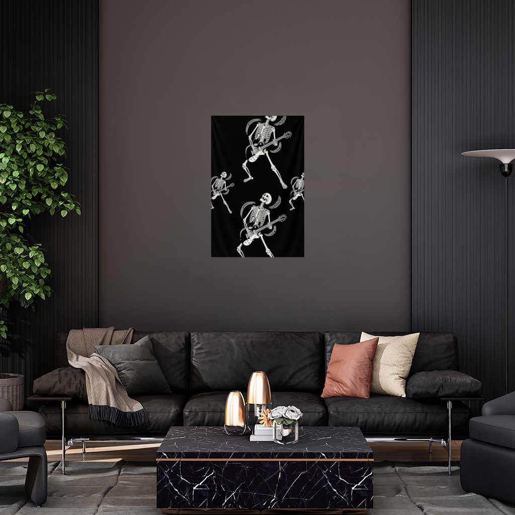 Rock Guitar Playing Skeleton Pattern on Black Wall Tapestry