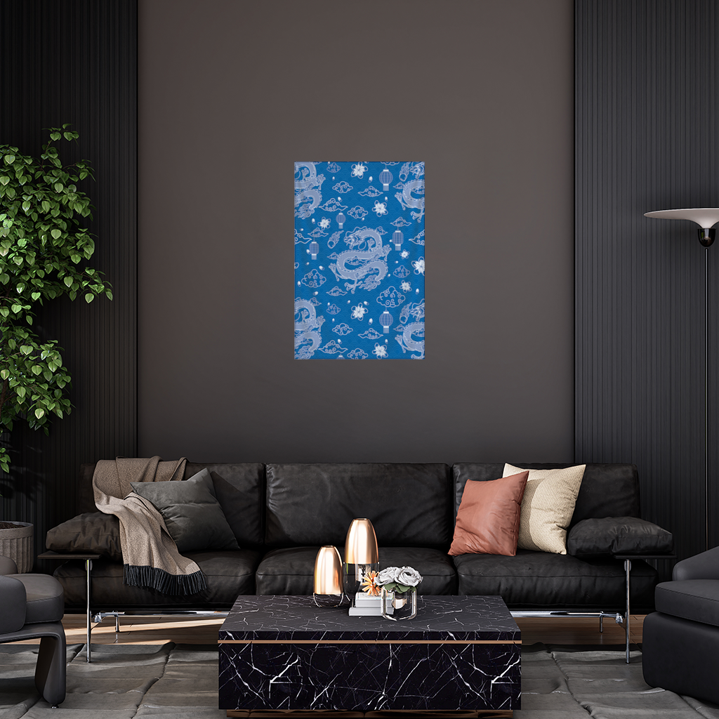 Traditional Dragon Pattern on Blue Background Wall Tapestry