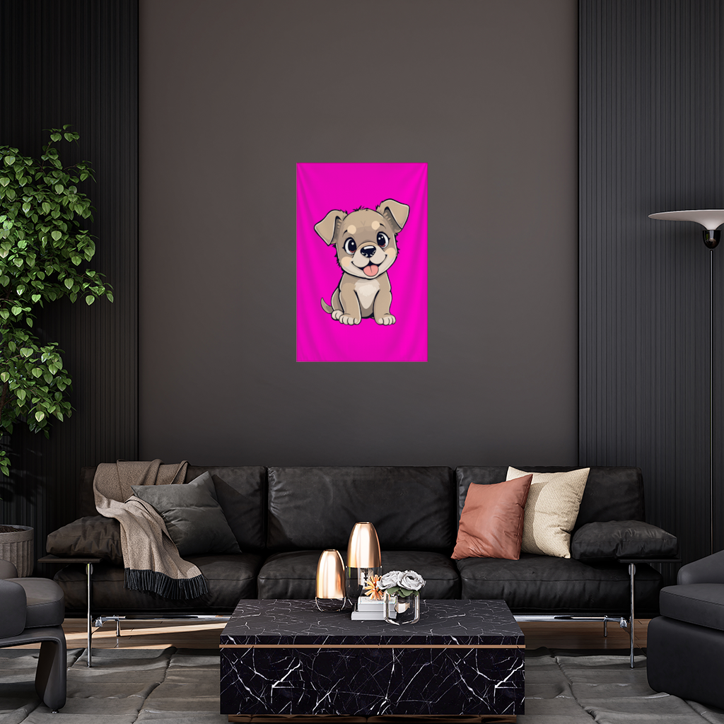 Cute Dog Illustration on Pink Background Wall Tapestry