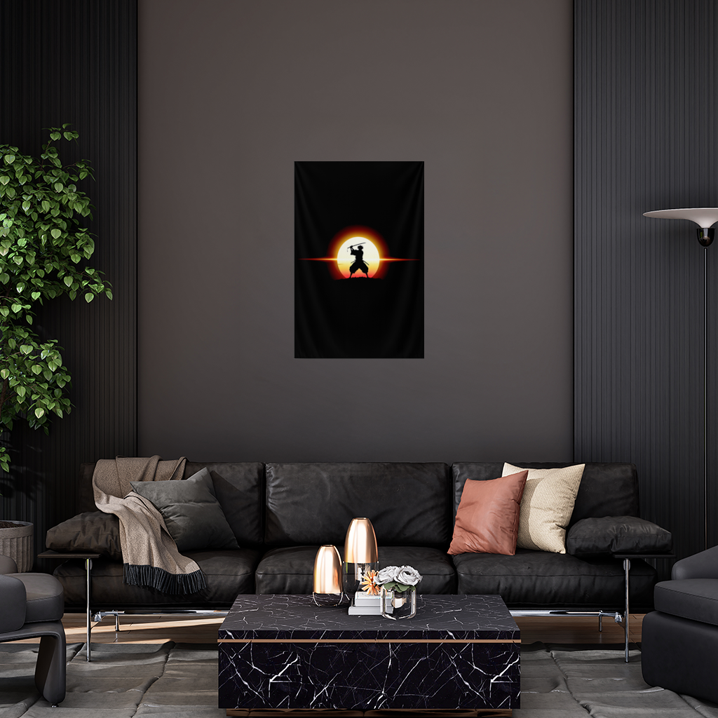 Samurai Silhouette Under the Rising Sun Honor and Strength Wall Tapestry