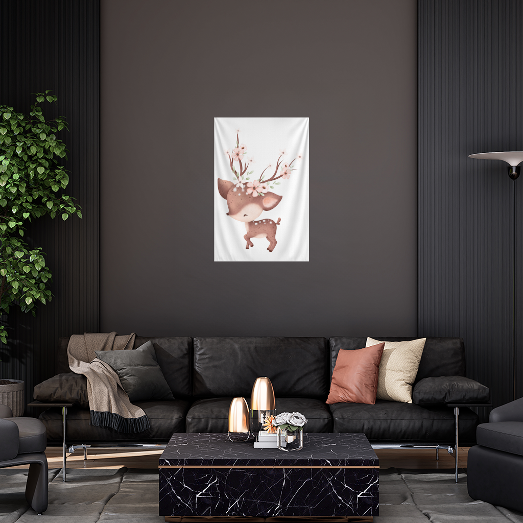 Çiçekli Boynuzlu Sevimli Yavru Geyik Duvar Örtüsü