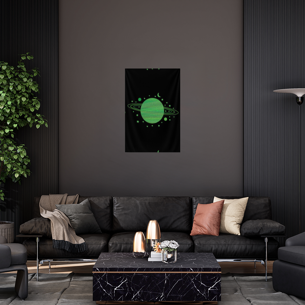 Green planets on a black background. Wall Tapestry