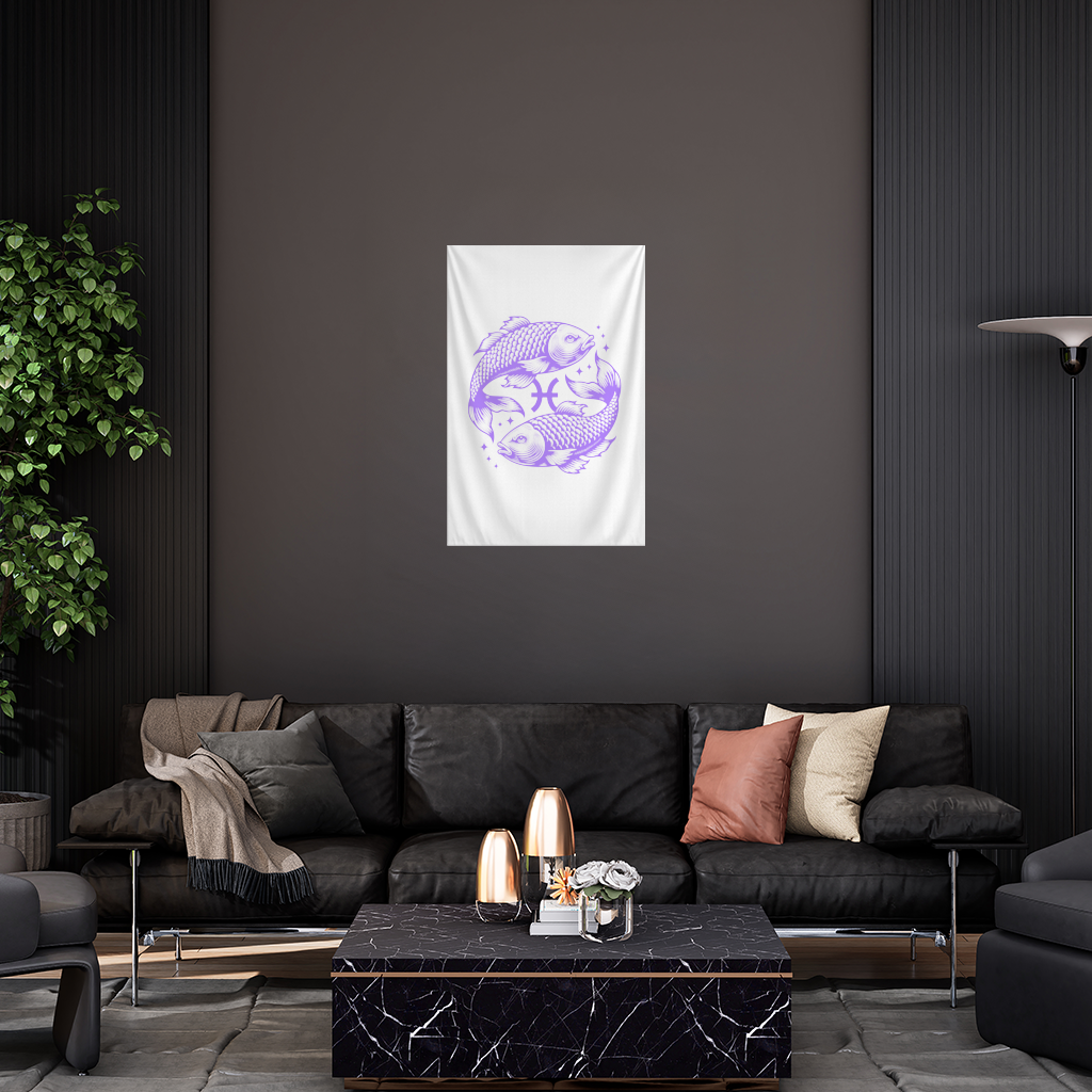 Pisces Zodiac Symbol with Purple Fish Art Wall Tapestry