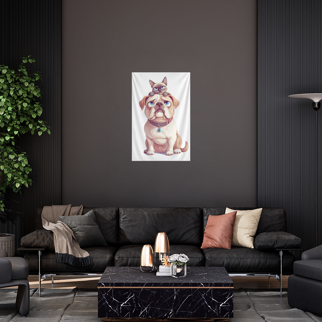 Sad Pug with Siamese Cat on Head Wall Tapestry