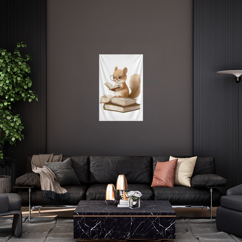 Scholarly Squirrel Reading on Book Stack Wall Tapestry