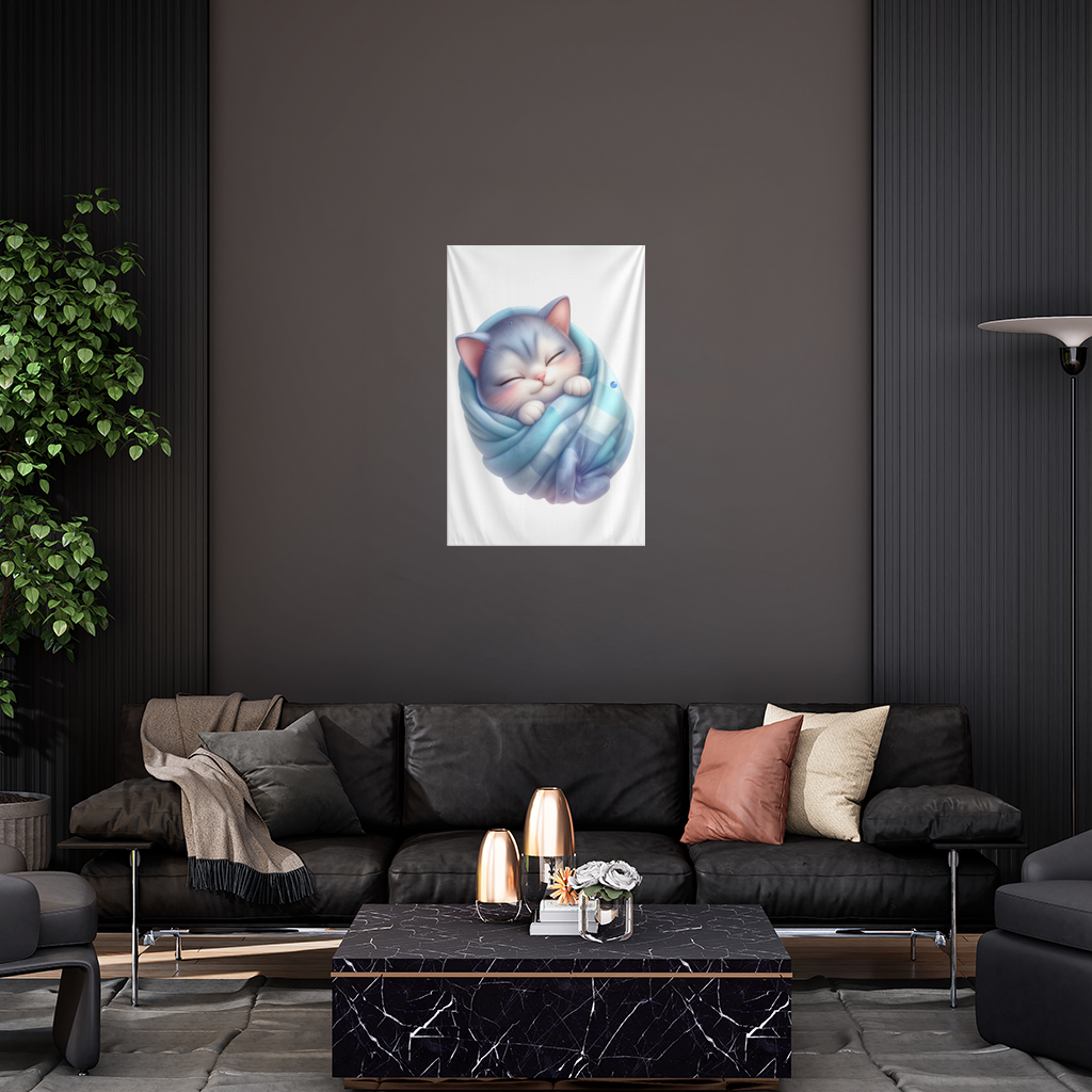 Kawaii Sleeping Kitten in Blue Swaddle Wall Tapestry