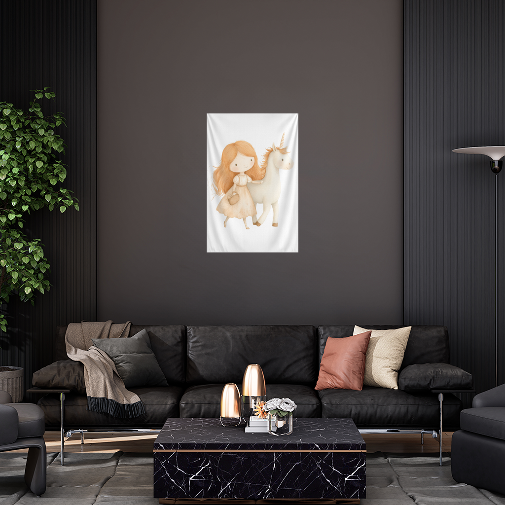 Ginger Girl with Whimsical White Unicorn Wall Tapestry