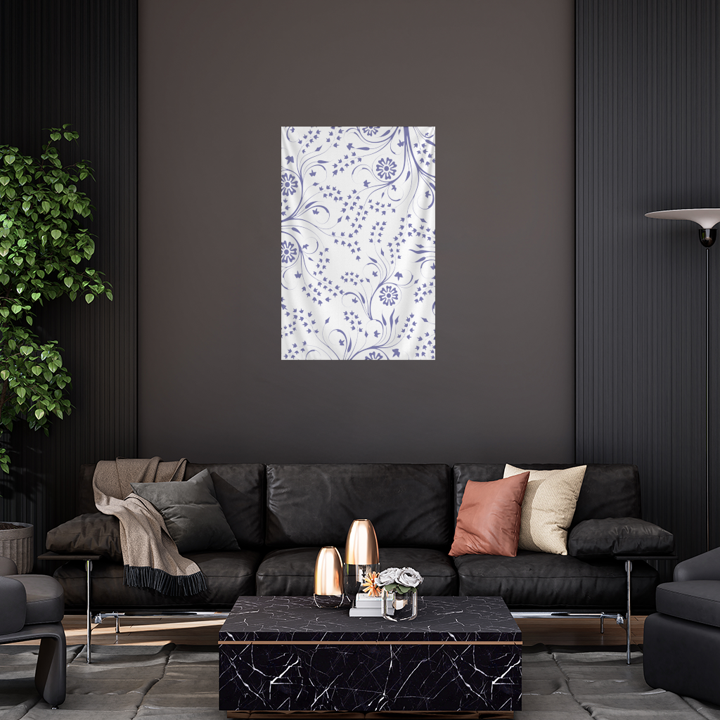 Mavi Beyaz Vintage Çiçek Deseni Duvar Örtüsü