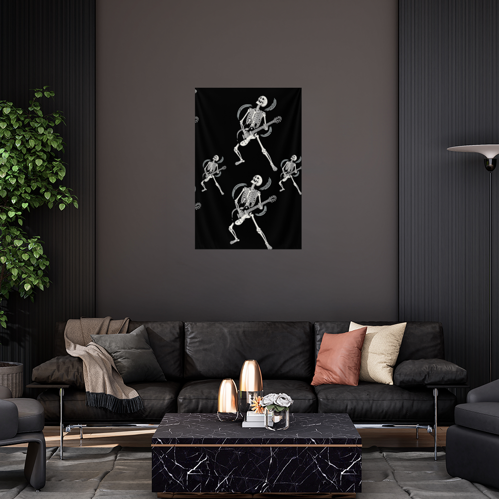 Rock Guitar Playing Skeleton Pattern on Black Wall Tapestry