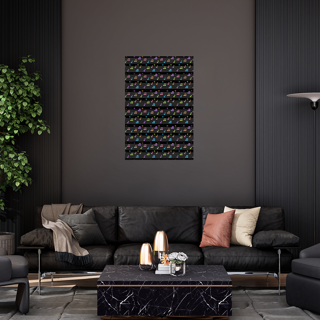 Neon Renkli Müzik Notaları ve Ritim Desenli Modern Tasarım Duvar Örtüsü