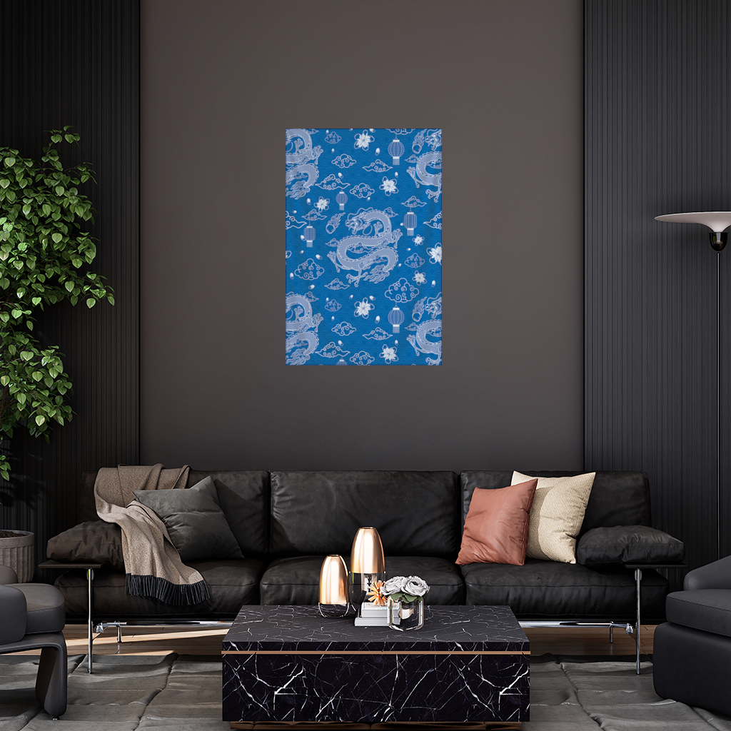 Traditional Dragon Pattern on Blue Background Wall Tapestry