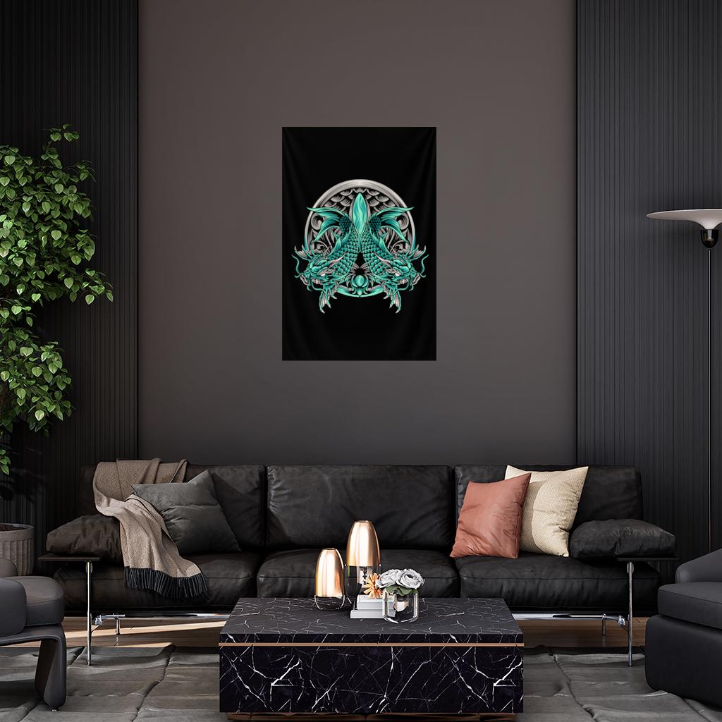 Turquoise Twin Dragon Emblem Design Wall Tapestry