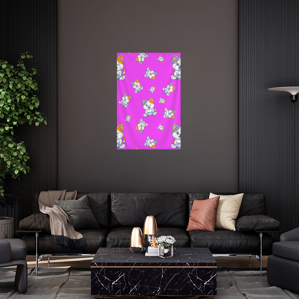 Cute Cartoon Cat Pattern on Pink Background Wall Tapestry