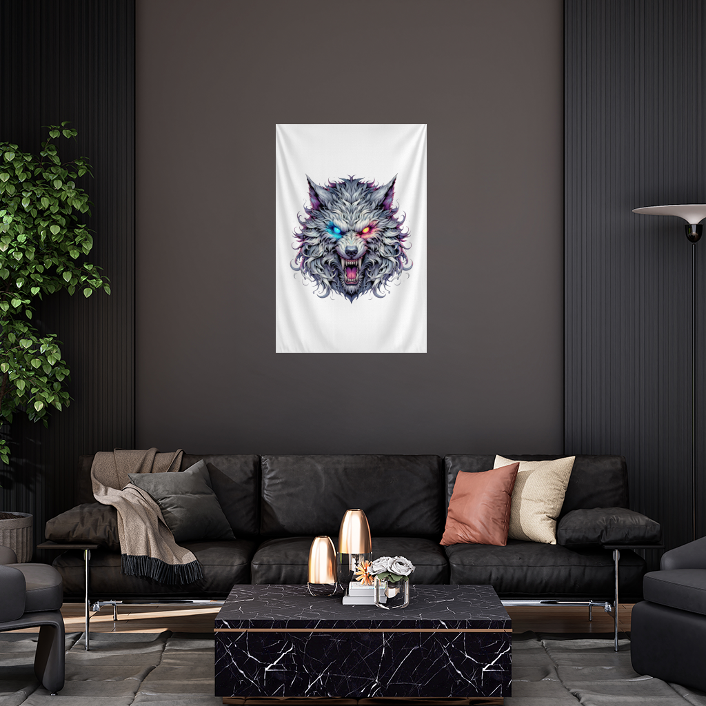Fierce Wolf Head Illustration Heterochromia Eyes, Savage Wolf Wall Tapestry