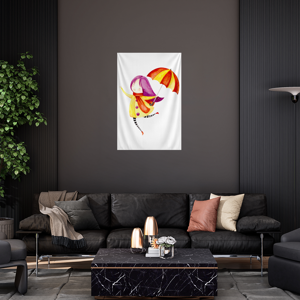 Şemsiyeli Neşeli Kız Çizimi Duvar Örtüsü