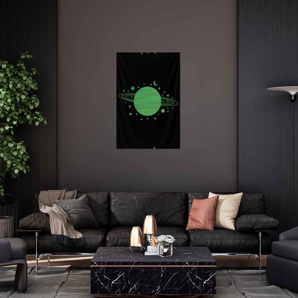 Green planets on a black background. Wall Tapestry