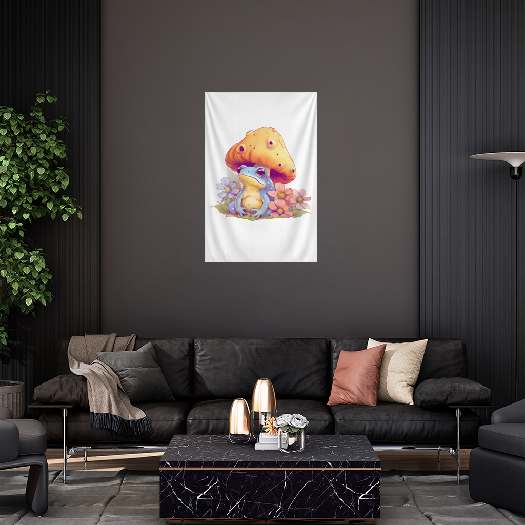 Blue Frog Resting Under Orange Mushroom Wall Tapestry