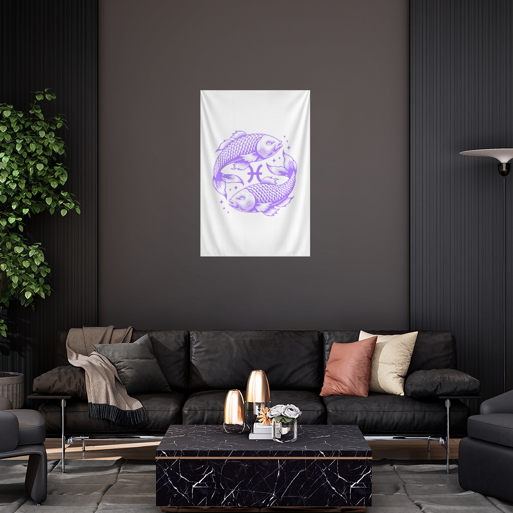 Pisces Zodiac Symbol with Purple Fish Art Wall Tapestry