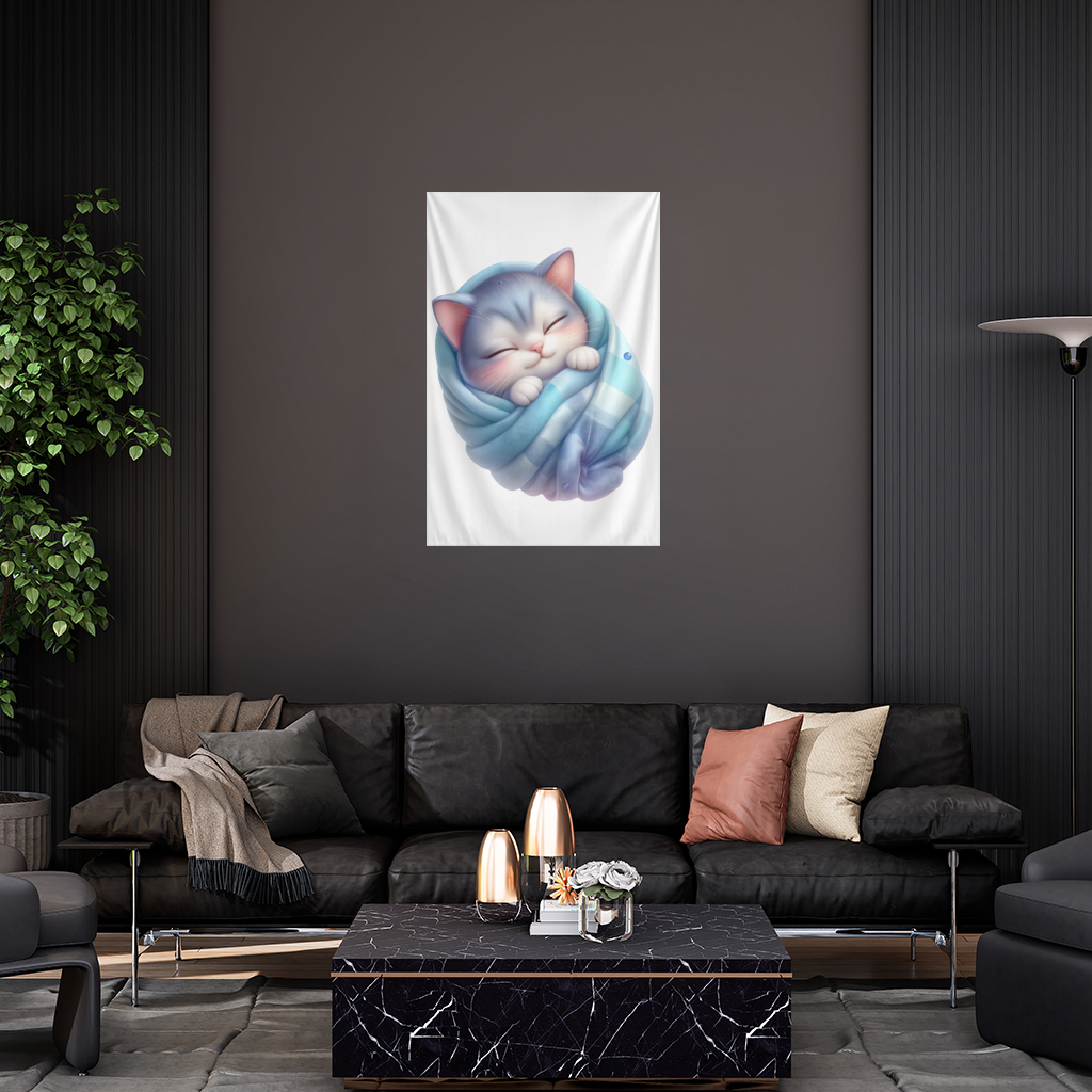 Kawaii Sleeping Kitten in Blue Swaddle Wall Tapestry