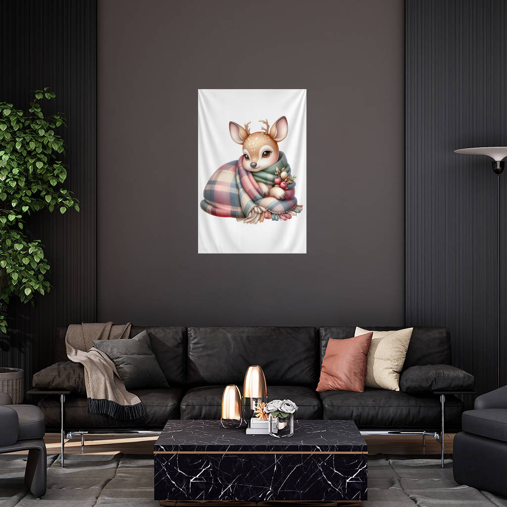 Kawaii Baby Deer with Plaid Scarf Wall Tapestry