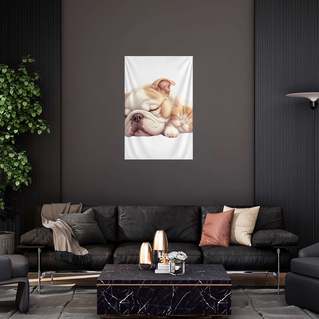Sleeping Bulldog and Ginger Kitten Wall Tapestry