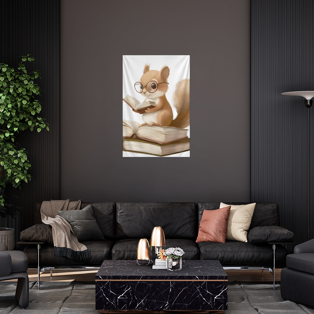 Scholarly Squirrel Reading on Book Stack Wall Tapestry