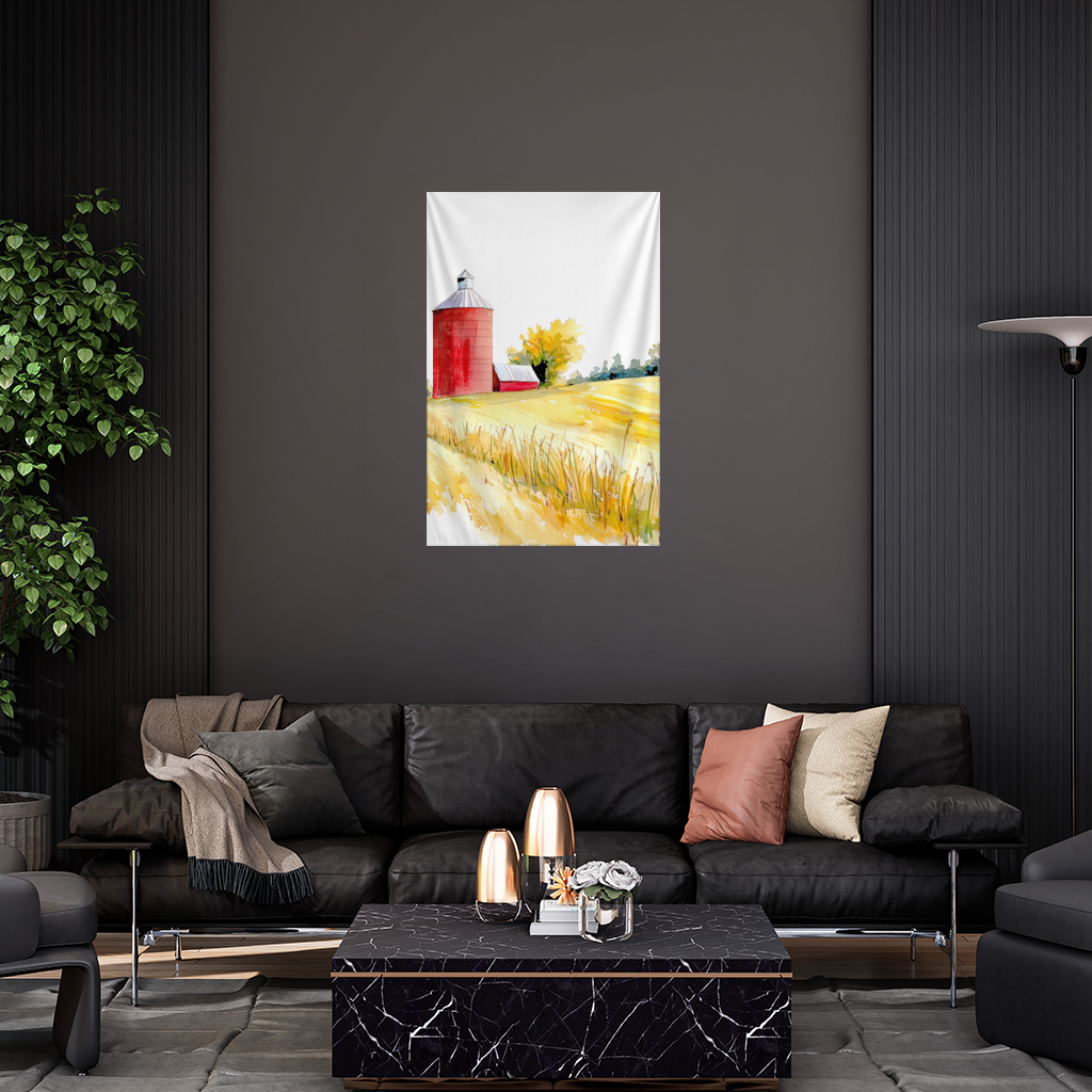 Red Farm Silo and Golden Wheat Field Wall Tapestry