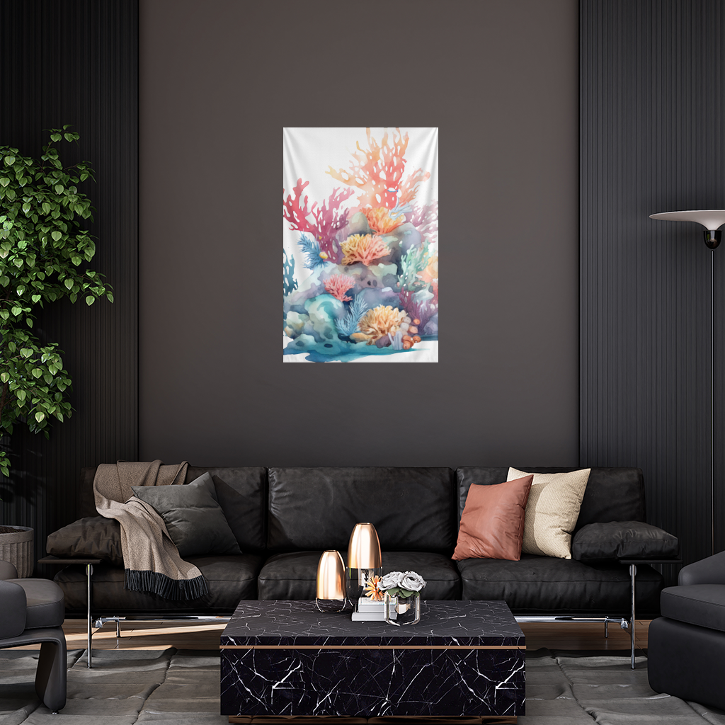 Vibrant Watercolor Coral Reef Scene Wall Tapestry