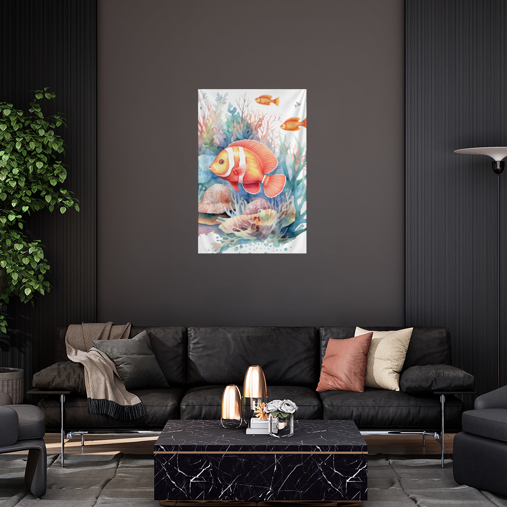 Watercolor Clownfish and Tropical Coral Reef Wall Tapestry