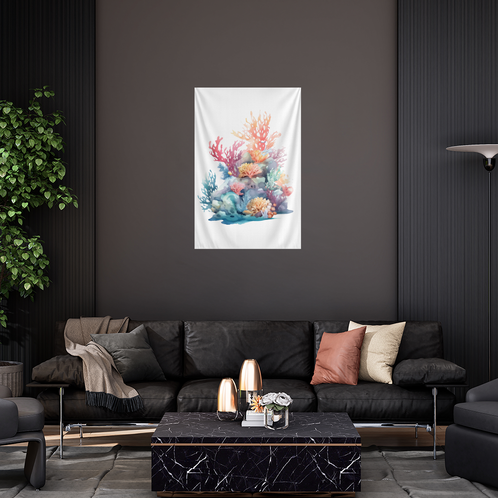 Vibrant Watercolor Coral Reef Scene Wall Tapestry