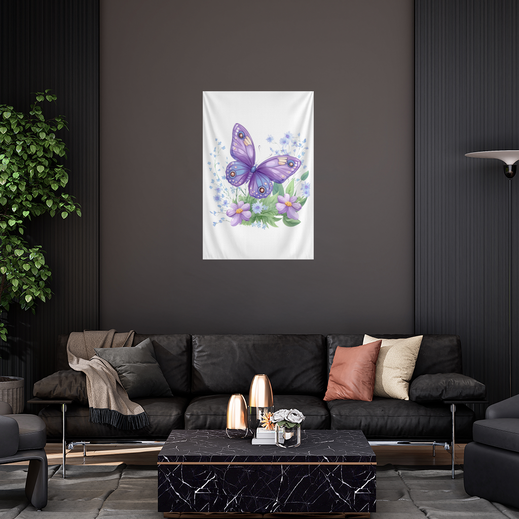 Mor Kelebek ve Mavi Kır Çiçekleri Duvar Örtüsü