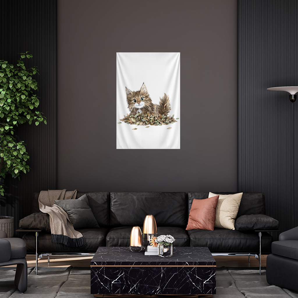 Cute Fluffy Kitten in Autumn Leaves Wall Tapestry