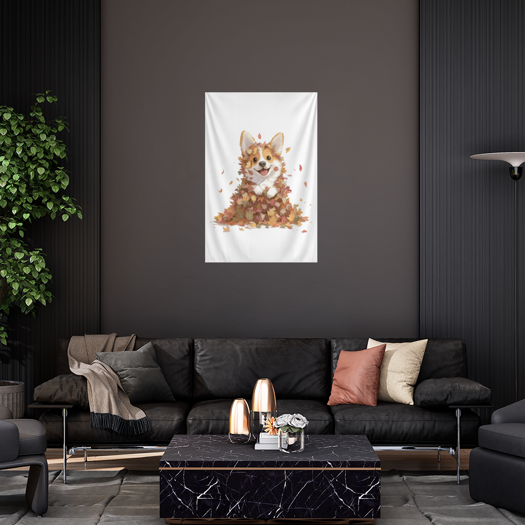 Happy Corgi Puppy in Fall Leaves 