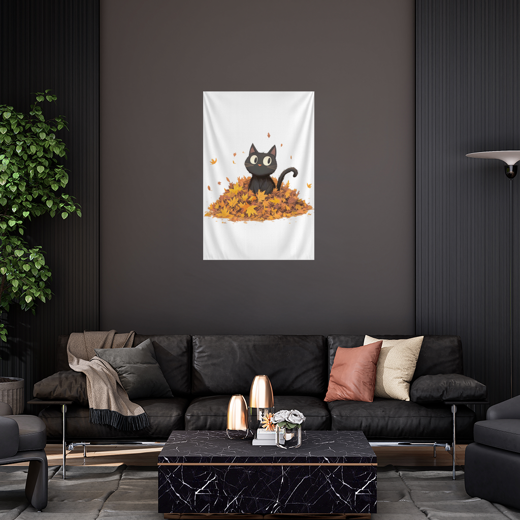 Cute Black Cat in Autumn Leaves Wall Tapestry