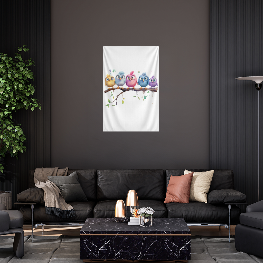 Five Colorful Kawaii Birds on Branch Wall Tapestry