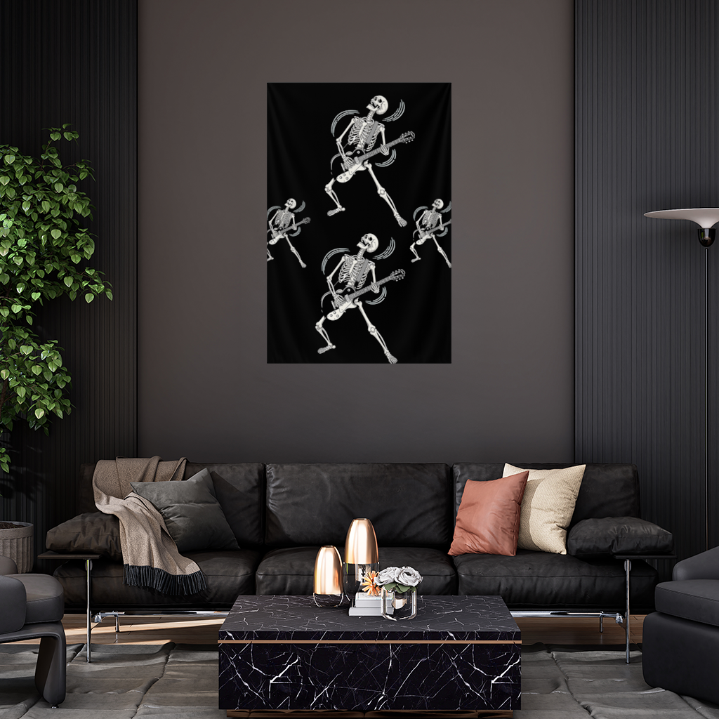 Rock Guitar Playing Skeleton Pattern on Black Wall Tapestry