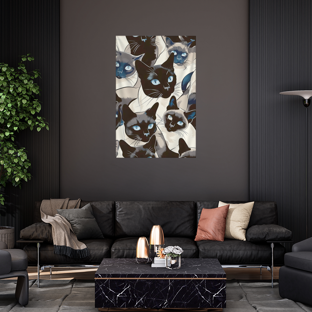 Mavi Gözlü Siyam Kedisi Desenli Şık İllüstrasyon Duvar Örtüsü